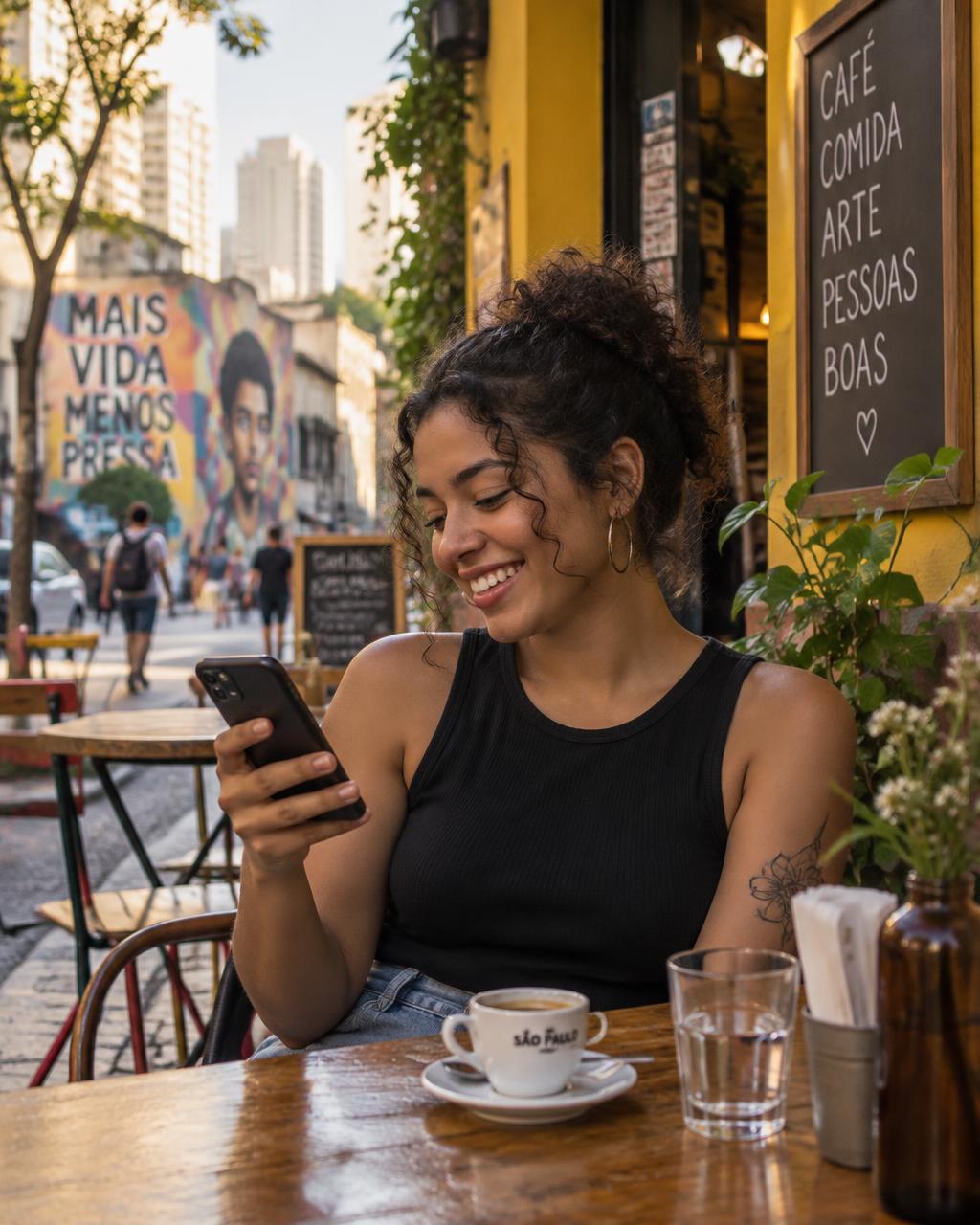 A woman smiling at a message on her smartphone in a street café